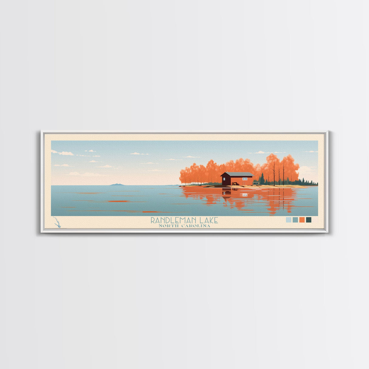 Randleman Lake, North Carolina Framed Canvas Print, Living Room Art, Midcentury Modern, Panoramic Wall Art, Pop Art, Travel Poster