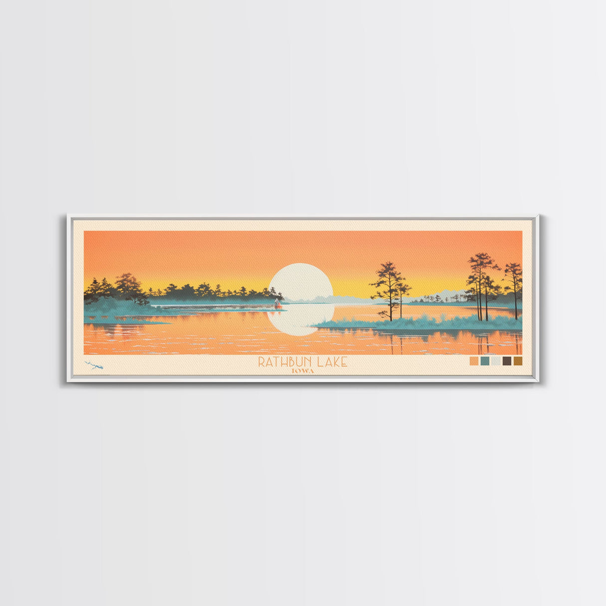 Rathbun Lake, Iowa Framed Canvas Print, Home Decor, Midcentury Modern, Panoramic Wall Art, Travel Poster, Pop Art