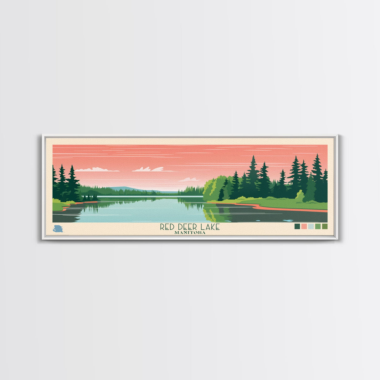 Red Deer Lake, Manitoba Framed Canvas Print, Panoramic Travel Poster, Midcentury Modern Art, Wall Decor, Pop Art, Home Decoration