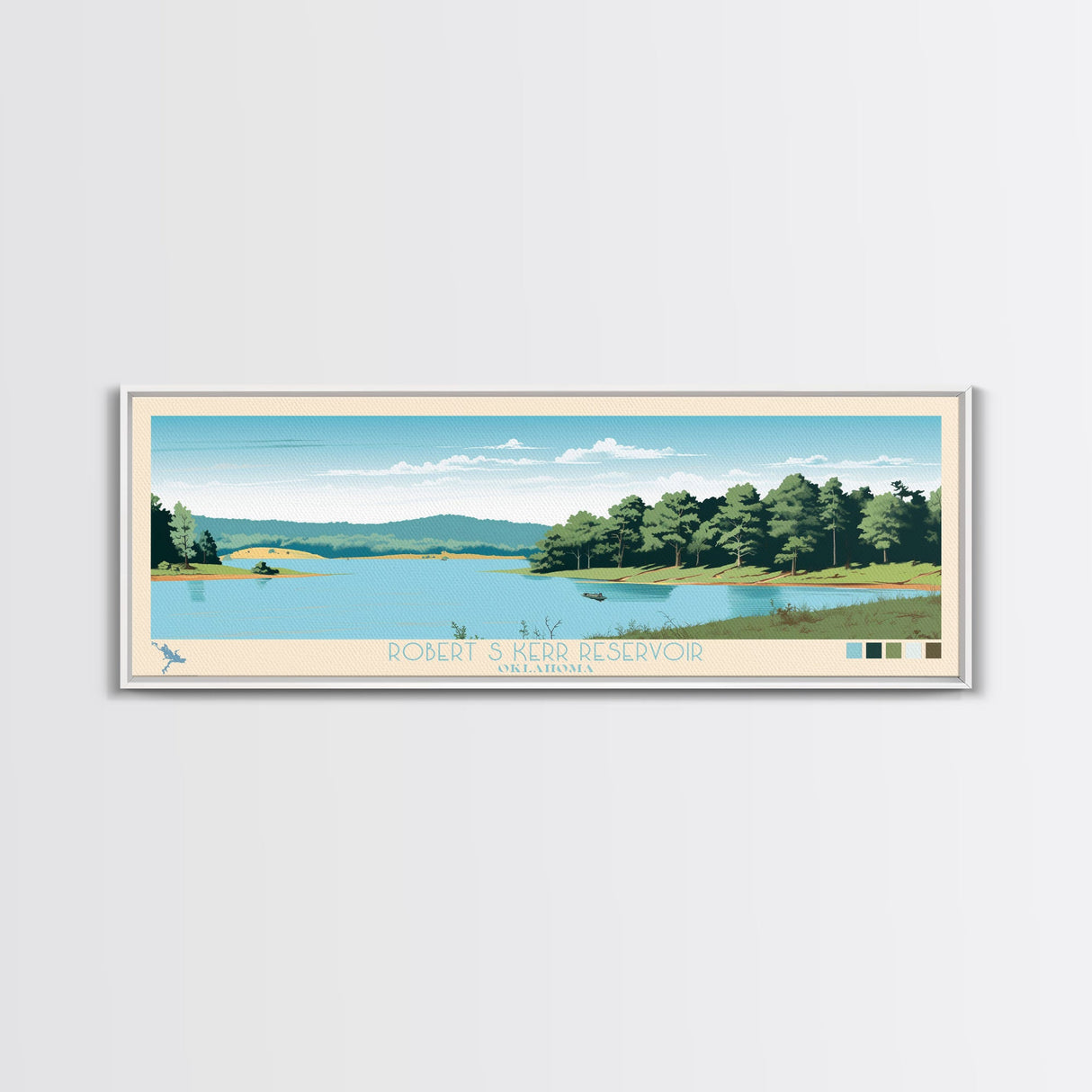 Robert S. Kerr Reservoir, Oklahoma Framed Canvas Print, Panoramic Wall Art, Midcentury Modern Decor, Home Decoration, Pop Art, Travel Poster