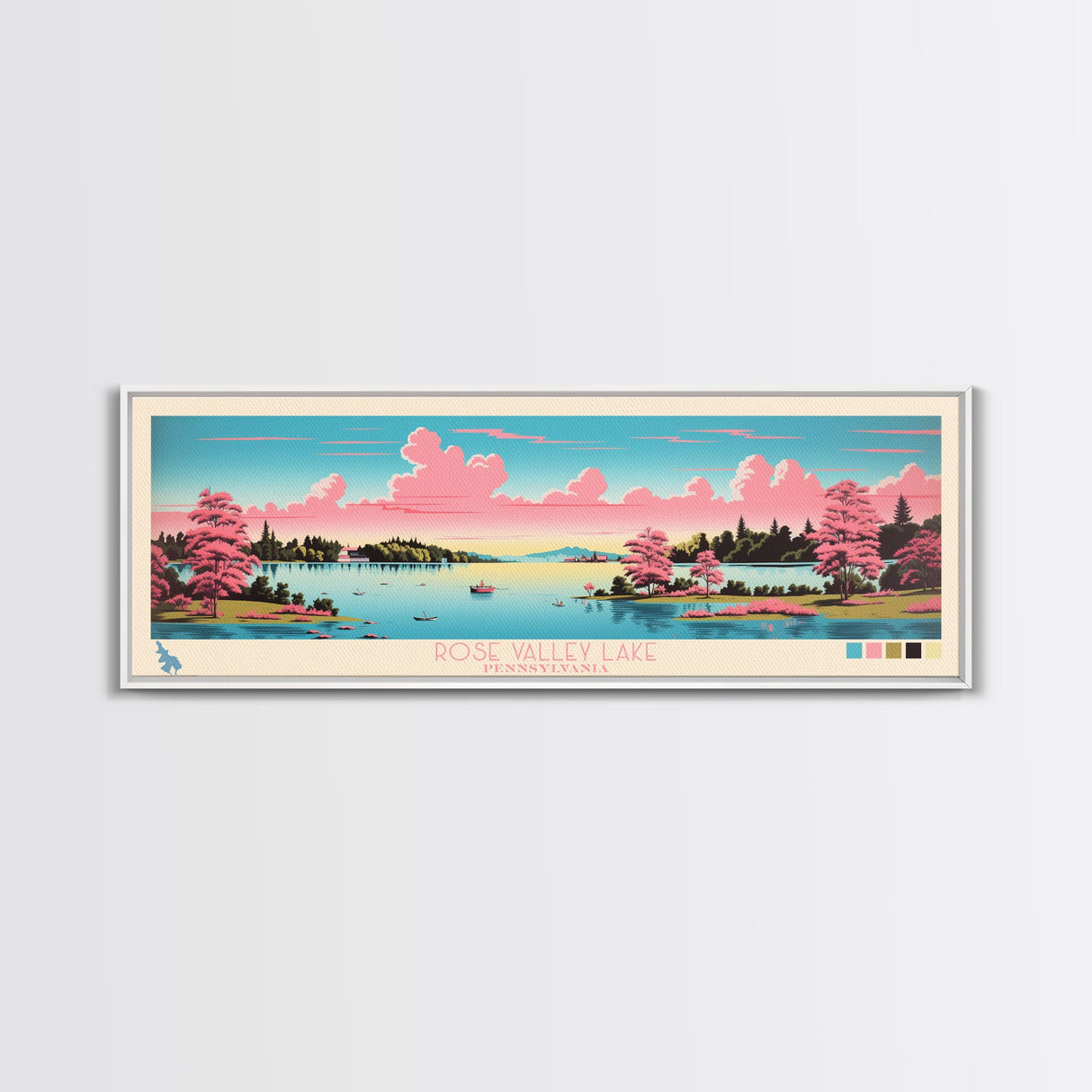 Rose Valley Lake, Pennsylvania Framed Canvas Print, Panoramic Travel Poster, Midcentury Modern Art, Bedroom Decor, Pop Art, Wall Art