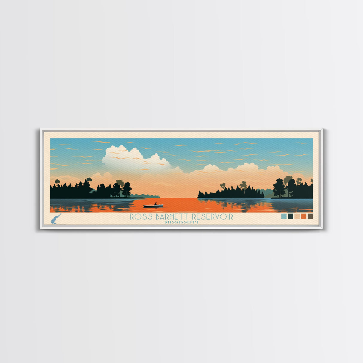 Ross Barnett Reservoir, Mississippi Framed Canvas Print, Panoramic Wall Art, Midcentury Modern Decor, Living Room Art, Pop Art, Travel Poster