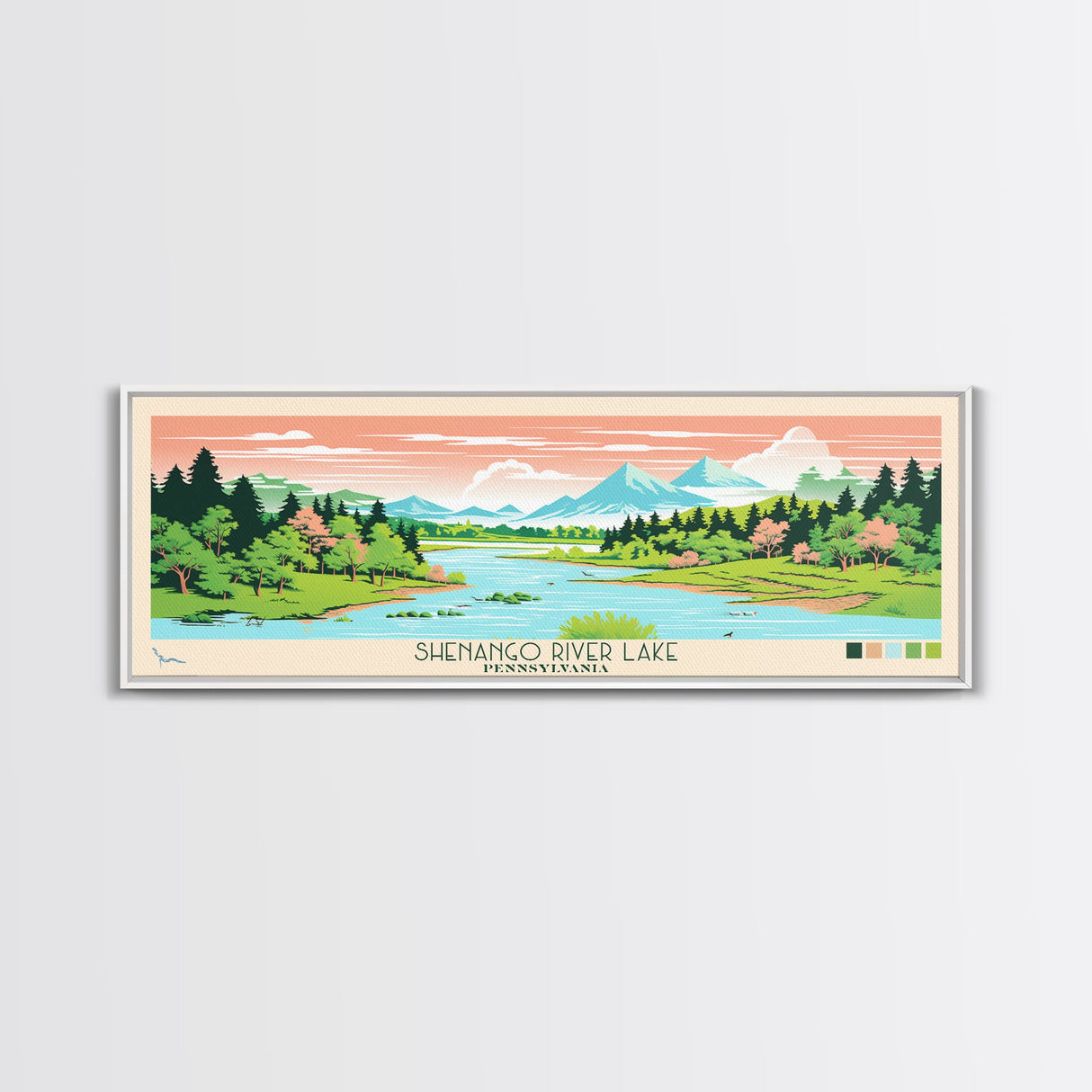 Shenango River Lake, Pennsylvania Framed Canvas Print, Panoramic Travel Poster, Midcentury Modern Art, Wall Art, Pop Art, Home Decoration