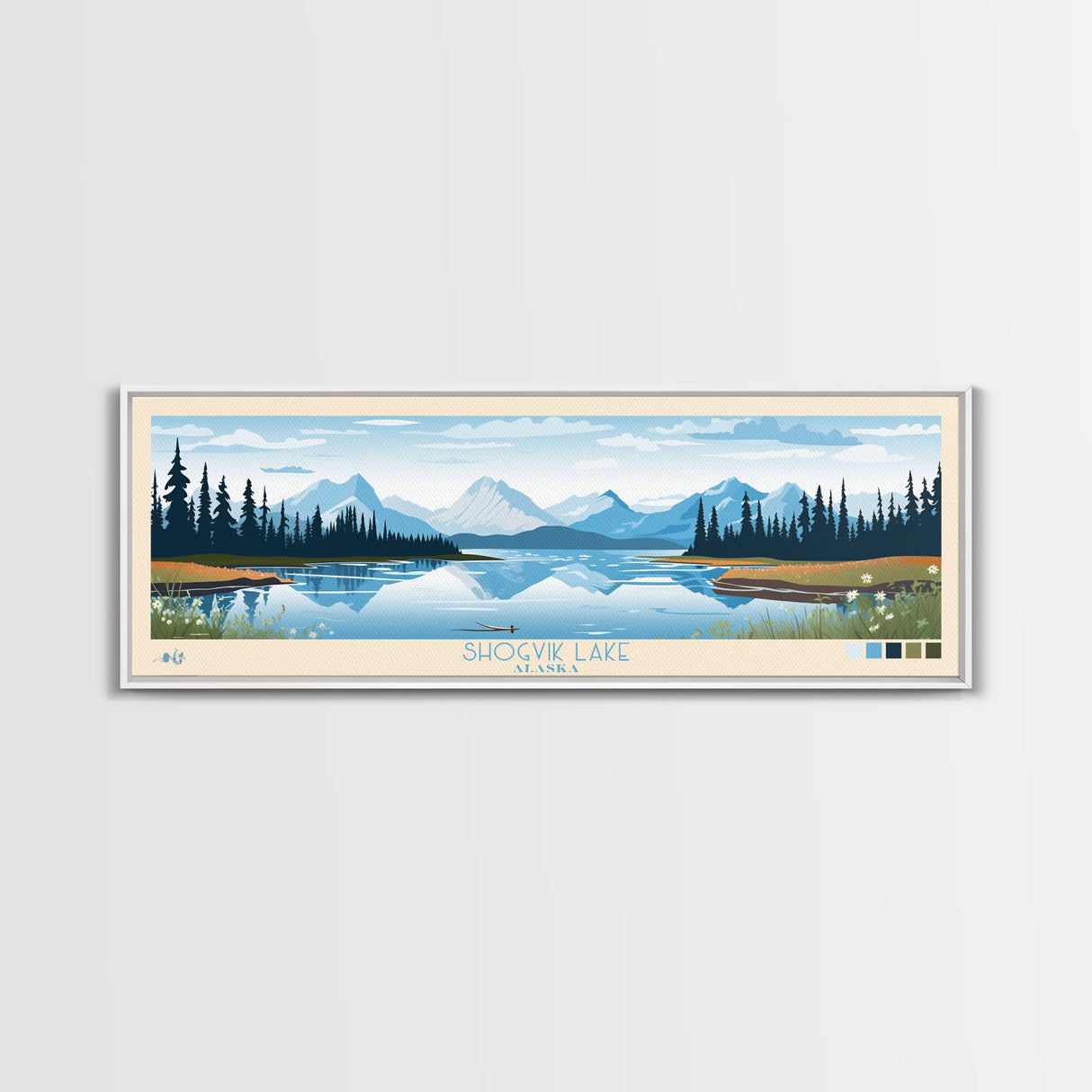 Shogvik Lake, Alaska Framed Canvas Print, Panoramic Travel Poster, Midcentury Modern Art, Home Decor, Pop Art, Wall Art