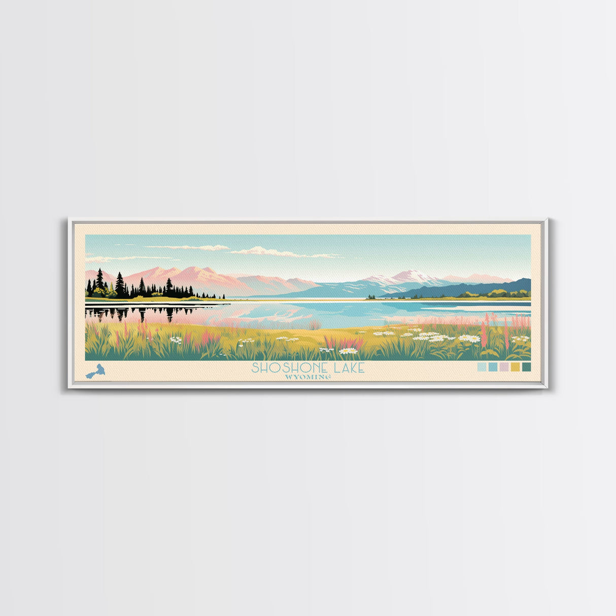 Shoshone Lake, Wyoming Framed Canvas Print, Panoramic Wall Art, Midcentury Modern Decor, Pop Art, Bedroom Decoration, Travel Poster