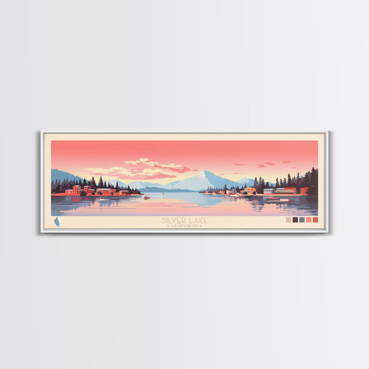 Silver Lake, California Framed Canvas Print, Panoramic Travel Poster, Midcentury Modern Art, Wall Art, Pop Art, Living Room Decoration