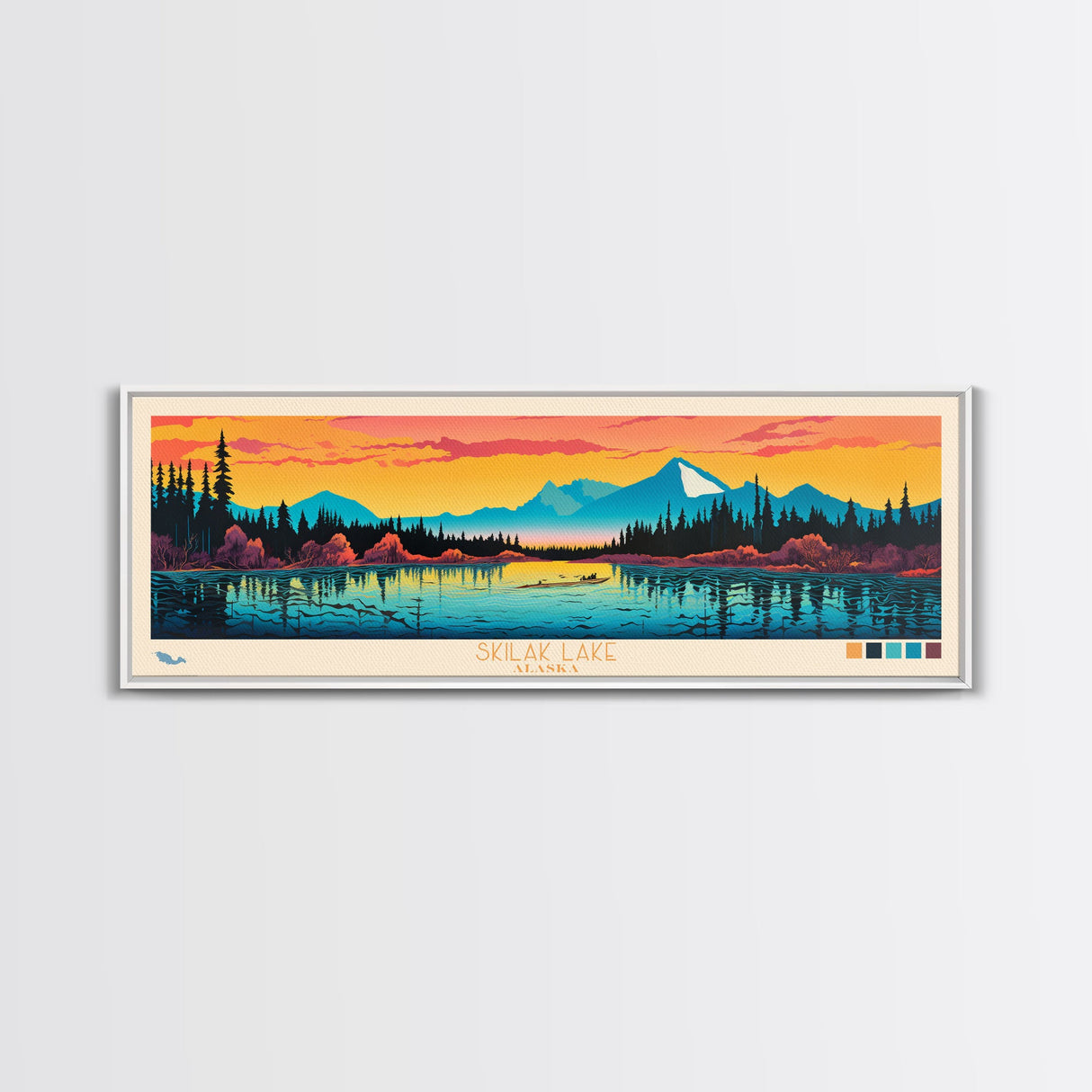 Skilak Lake, Alaska Framed Canvas Print, Lake House Art, Midcentury Modern Decor, Pop Art, Travel Poster, Living Room Wall Art