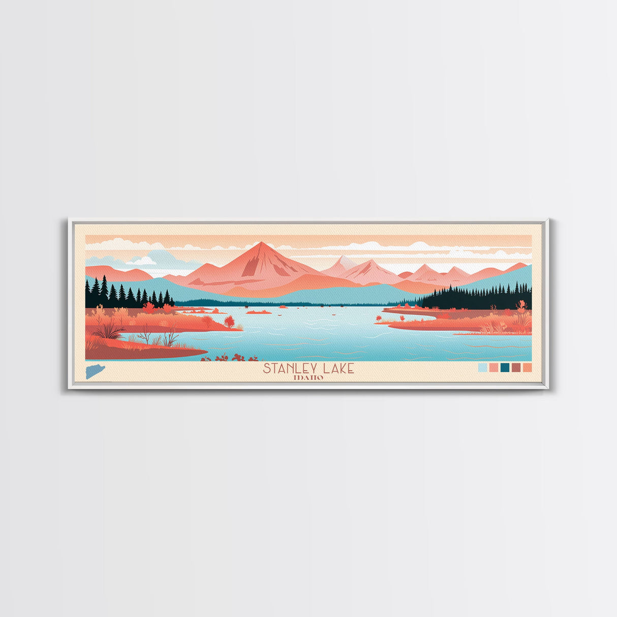 Stanley Lake, Idaho Framed Canvas Print, Lake House Art, Midcentury Modern Decor, Pop Art, Travel Poster, Living Room Wall Art