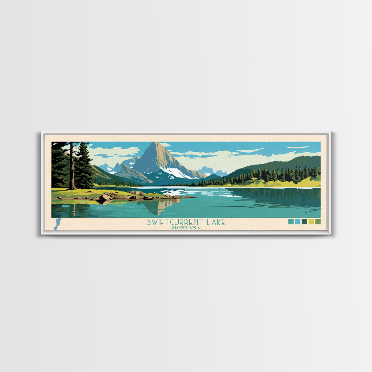 Swiftcurrent Lake, Montana Framed Canvas Print, Lake House Art, Midcentury Modern Decor, Pop Art, Travel Poster, Living Room Wall Art