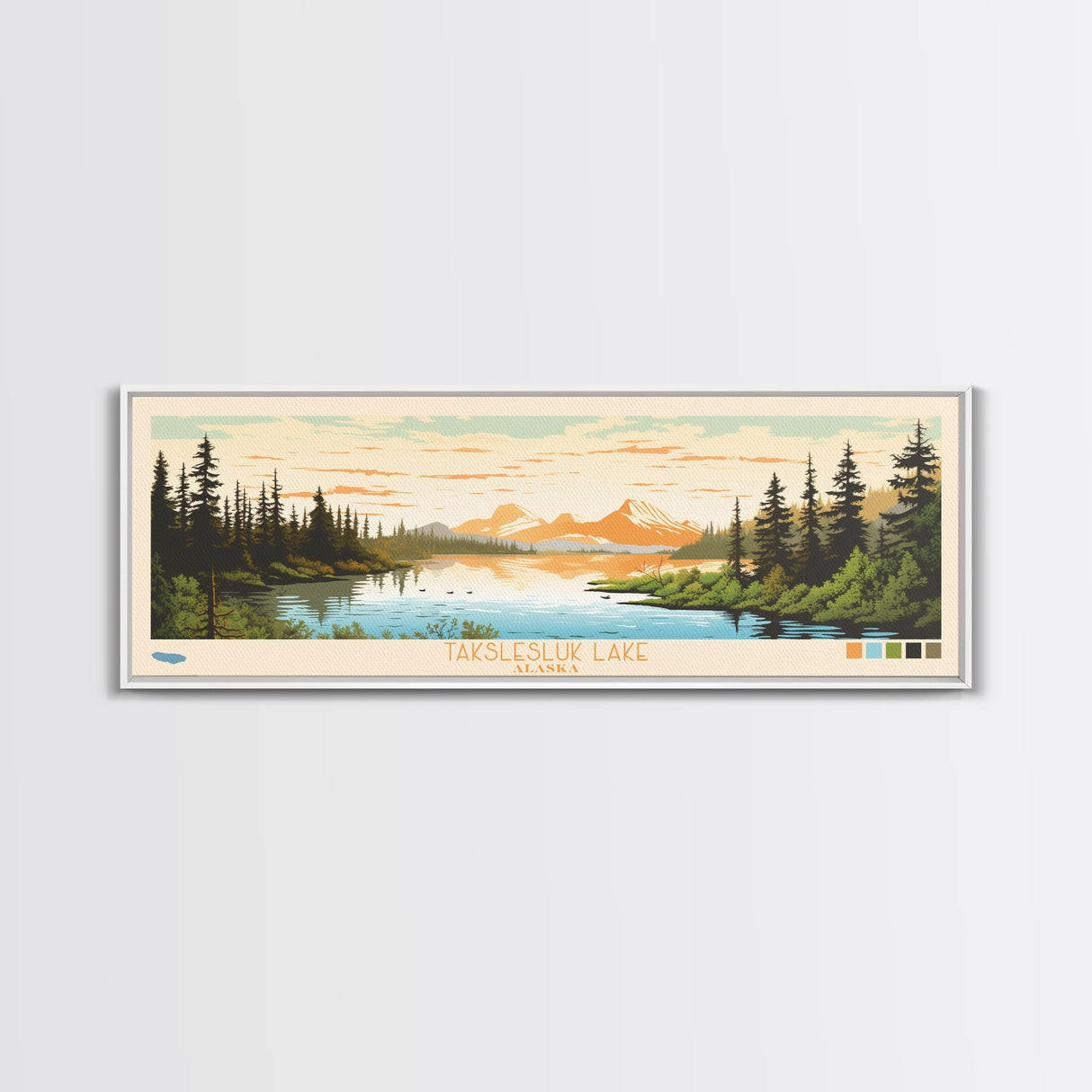 Takslesluk Lake, Alaska Framed Canvas Print, Lake House Decor, Midcentury Modern Art, Pop Art, Travel Poster, Bedroom Wall Art