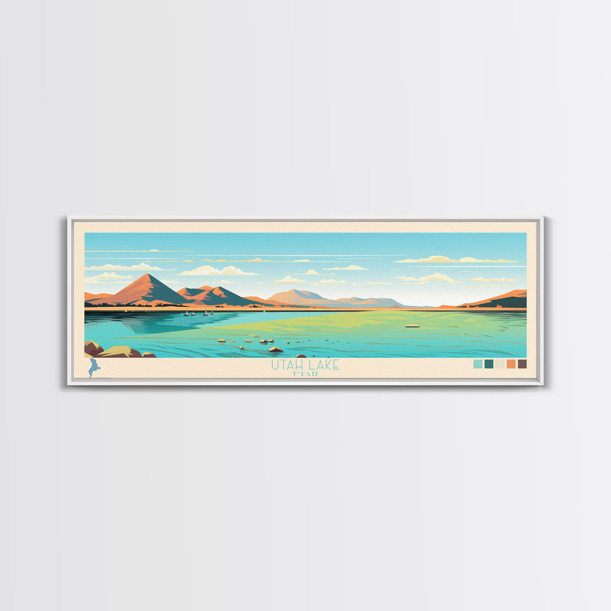 Utah Lake, Utah Framed Canvas Print, Panoramic Lake House Decor, Midcentury Modern Art, Pop Art, Travel Poster, Bedroom Wall Art