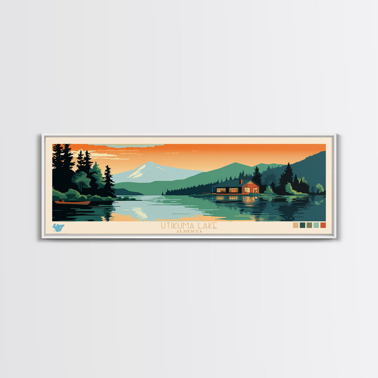 Utikuma Lake, Alberta Framed Canvas Print, Panoramic Lake House Art, Midcentury Modern Decor, Pop Art, Travel Poster, Living Room Wall Art