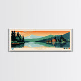 Utikuma Lake, Alberta Framed Canvas Print, Panoramic Lake House Art, Midcentury Modern Decor, Pop Art, Travel Poster, Living Room Wall Art