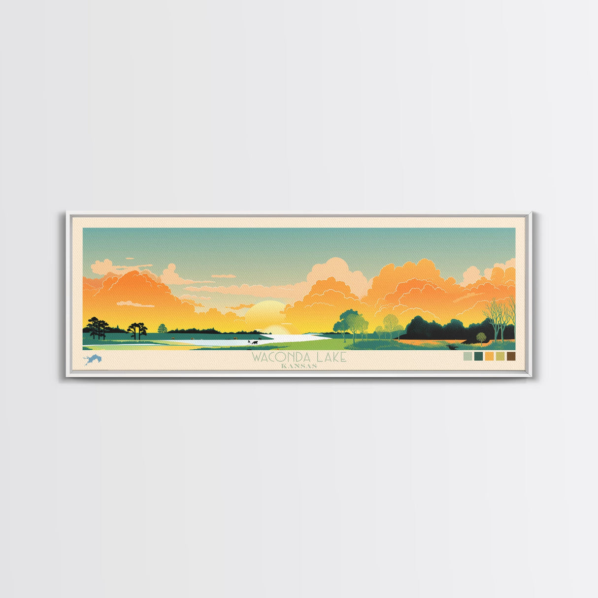 Waconda Lake, Kansas Framed Canvas Print, Panoramic Lake House Decor, Midcentury Modern Art, Pop Art, Travel Poster, Bedroom Wall Art