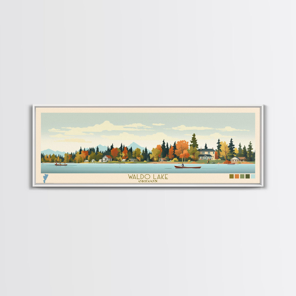 Waldo Lake, Oregon Framed Canvas Print, Panoramic Lake House Art, Midcentury Modern Decor, Pop Art, Travel Poster, Living Room Wall Art