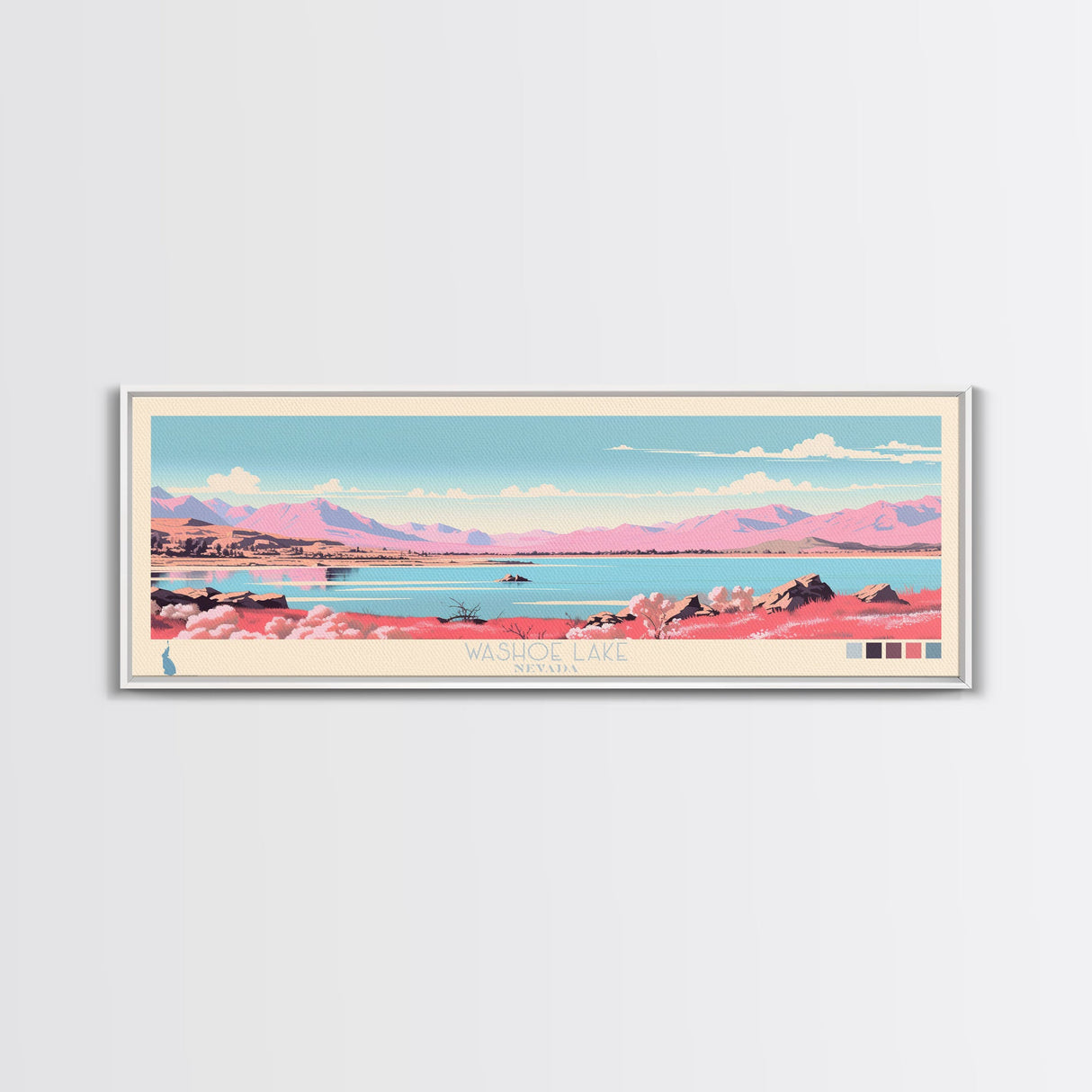 Washoe Lake, Nevada Framed Canvas Print, Panoramic Lake House Decor, Midcentury Modern Art, Pop Art, Travel Poster, Bedroom Wall Art