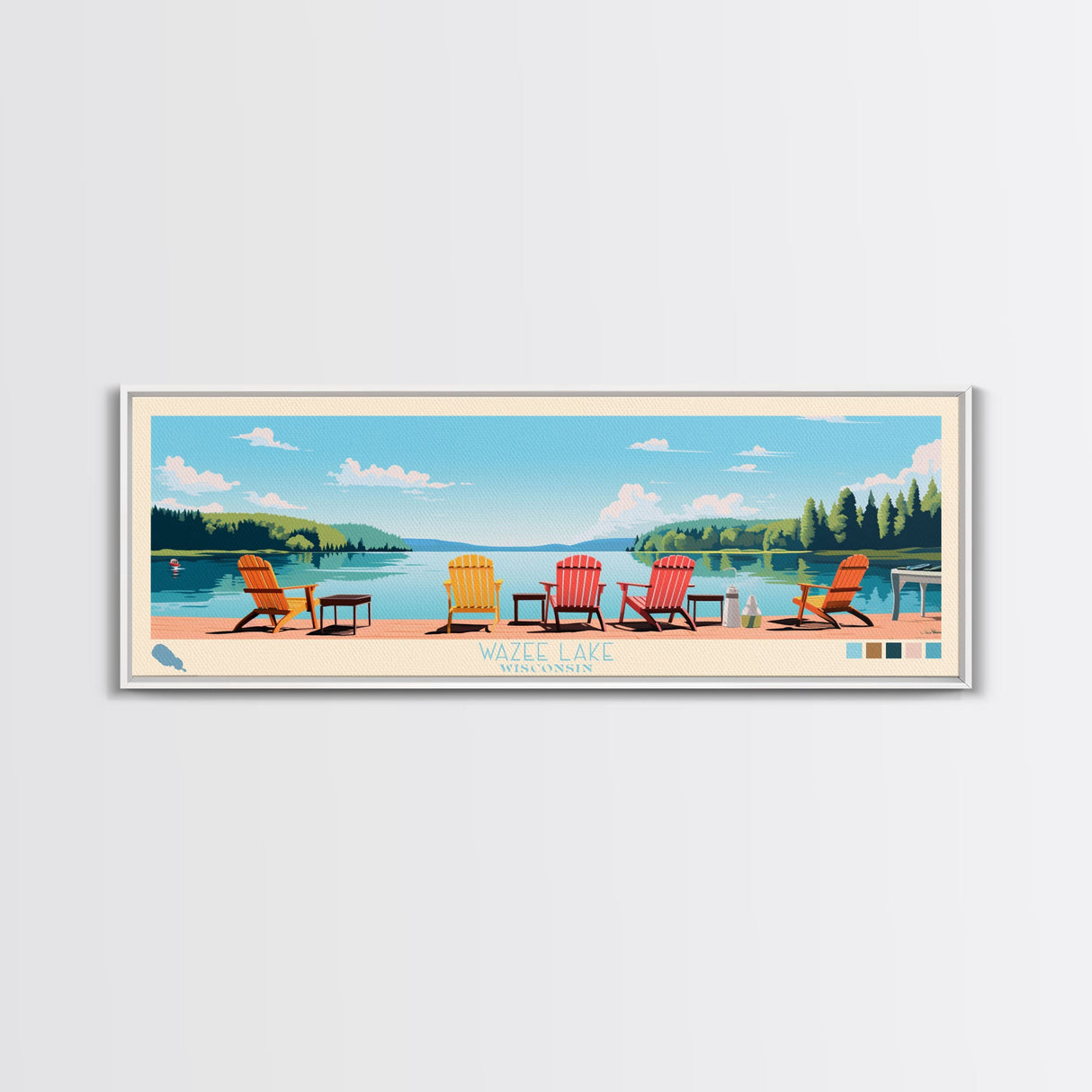 Wazee Lake, Wisconsin Framed Canvas Print, Panoramic Lake House Art, Midcentury Modern Decor, Pop Art, Travel Poster, Living Room Wall Art