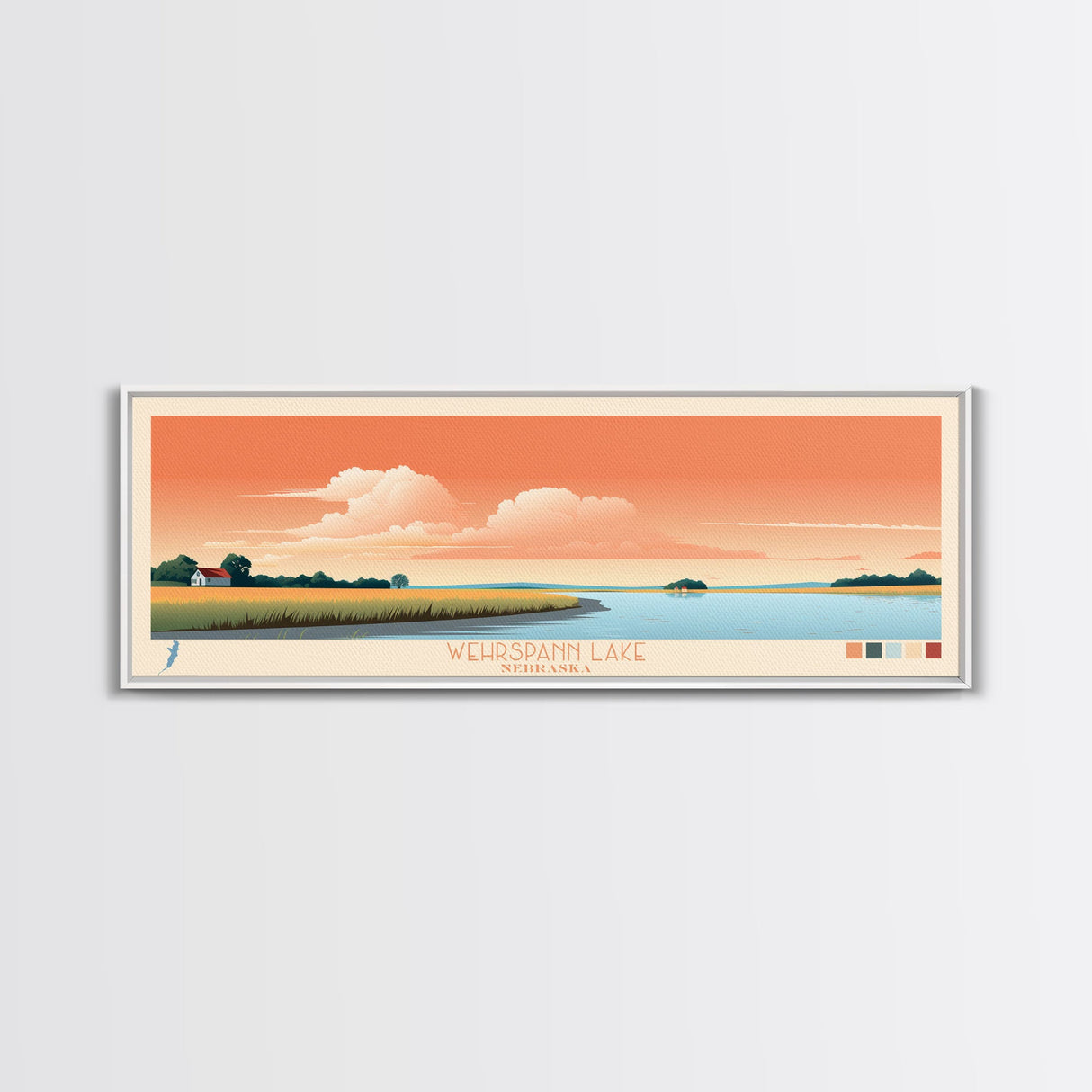 Wehrspann Lake, Nebraska Panoramic Framed Canvas Print, Midcentury Modern Art, Lake House Decor, Pop Art, Travel Poster, Bedroom Wall Art