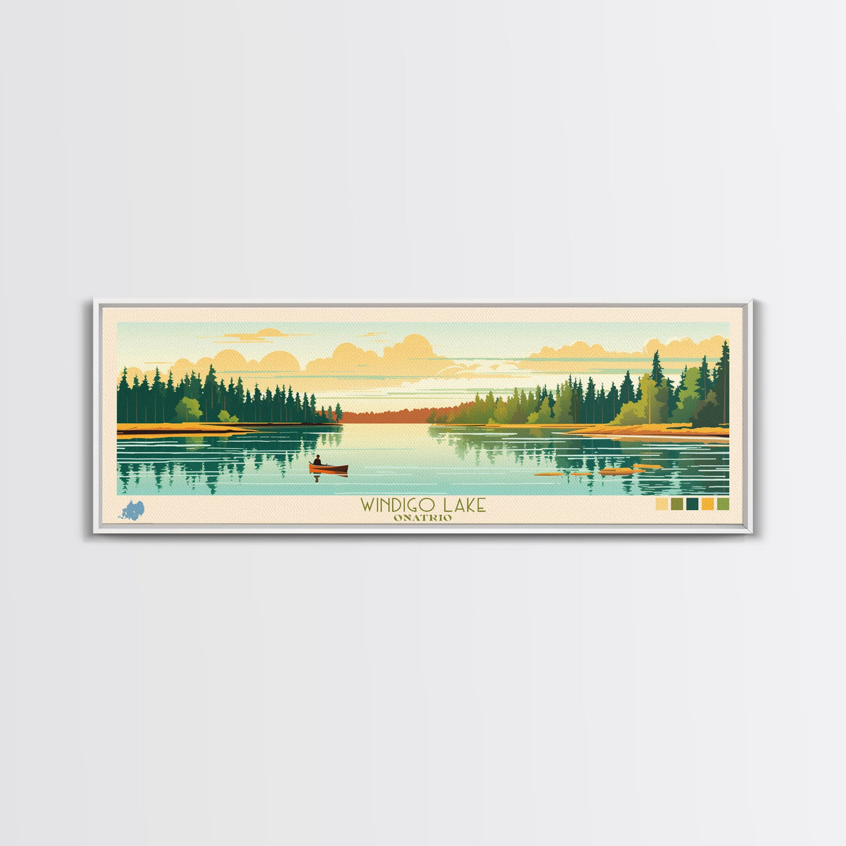 Windigo Lake, Ontario Panoramic Framed Canvas Print, Lake House Decor, Midcentury Modern Art, Pop Art, Travel Poster