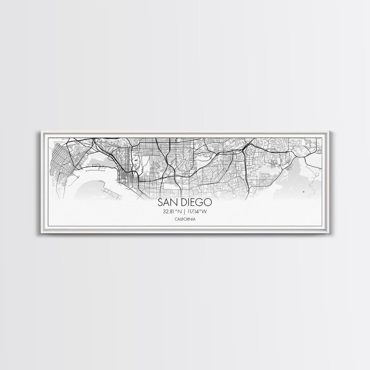 Panoramic San Diego City Map, California Art, Map Print, Minimalist Wall Art, Canvas Art, Housewarming Gift, Street Map Art, Closing Gift