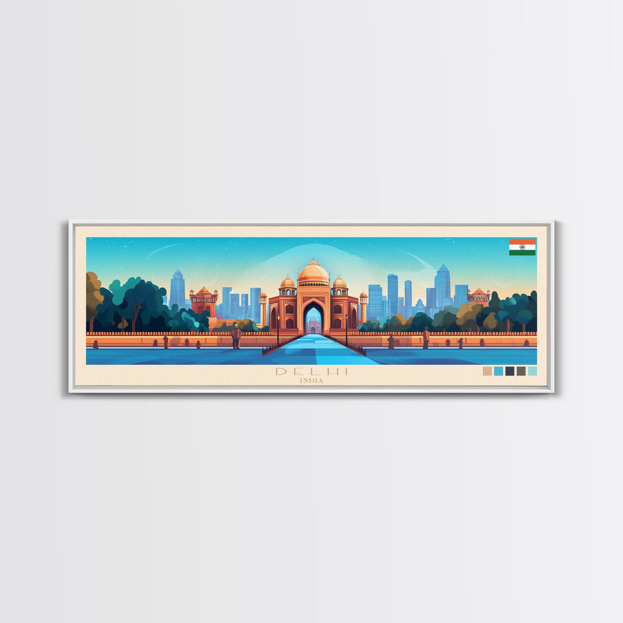 Delhi, India Travel Poster Panoramic Canvas Print, Delhi, India Painting, India Art, Delhi Travel Art, Guest Room Painting