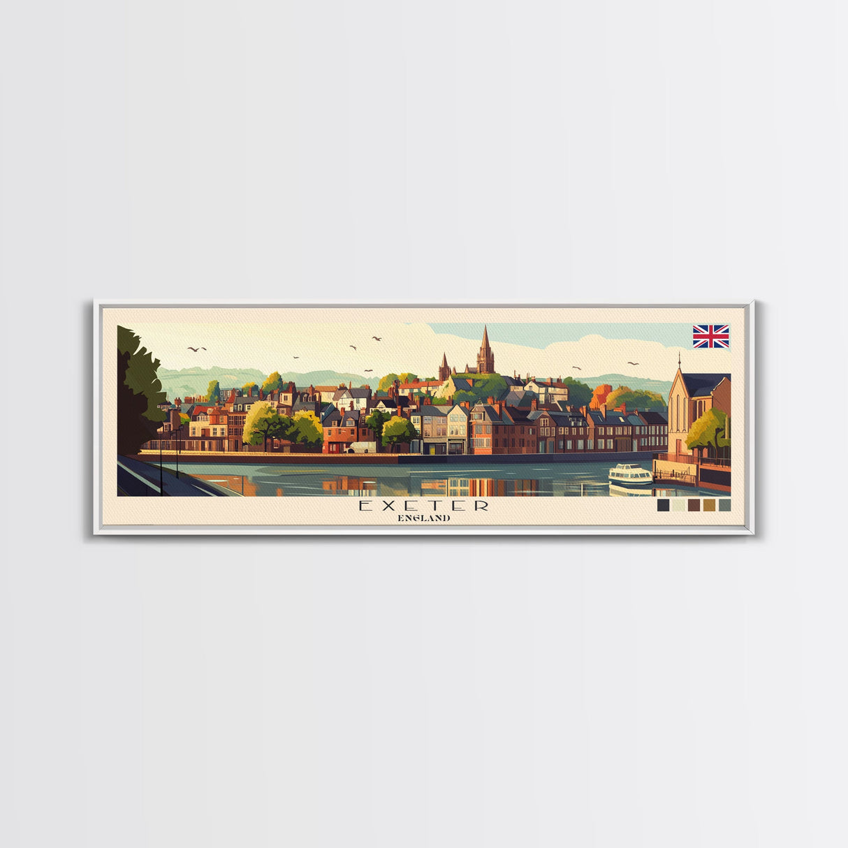 Panoramic Travel Poster Exeter, England Canvas Print, Exeter, England Painting, England Art, Exeter Travel Art, Guest Room Painting