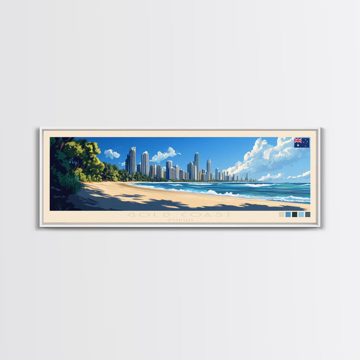 Gold Coast, Australia Travel Poster Panoramic Canvas Print, Gold Coast, Australia Painting, Australia Art, Gold Coast Travel Art, Guest Room Painting