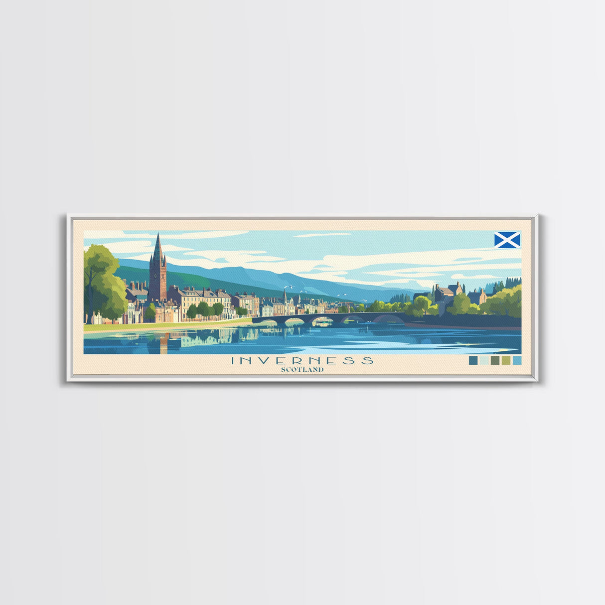 Inverness, Scotland Panoramic Travel Poster Canvas Print, Inverness, Scotland Painting, Scotland Art, Inverness Travel Art, Living Room Painting