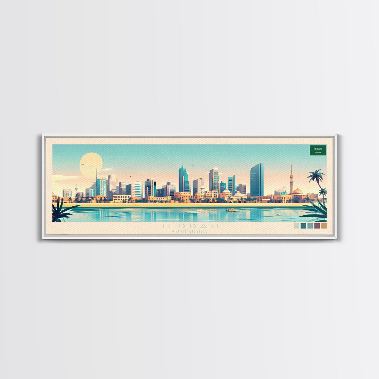 Jeddah, Saudi Arabia Panoramic Travel Poster Canvas Print, Jeddah, Saudi Arabia Painting, Saudi Arabia Art, Jeddah Panoramic Travel Art, Travel Painting