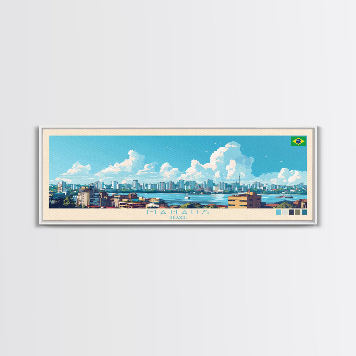 Manaus, Brazil Panoramic Travel Poster Canvas Print, Manaus, Brazil Painting, Brazil Art, Manaus Panoramic Travel Art, Travel Painting