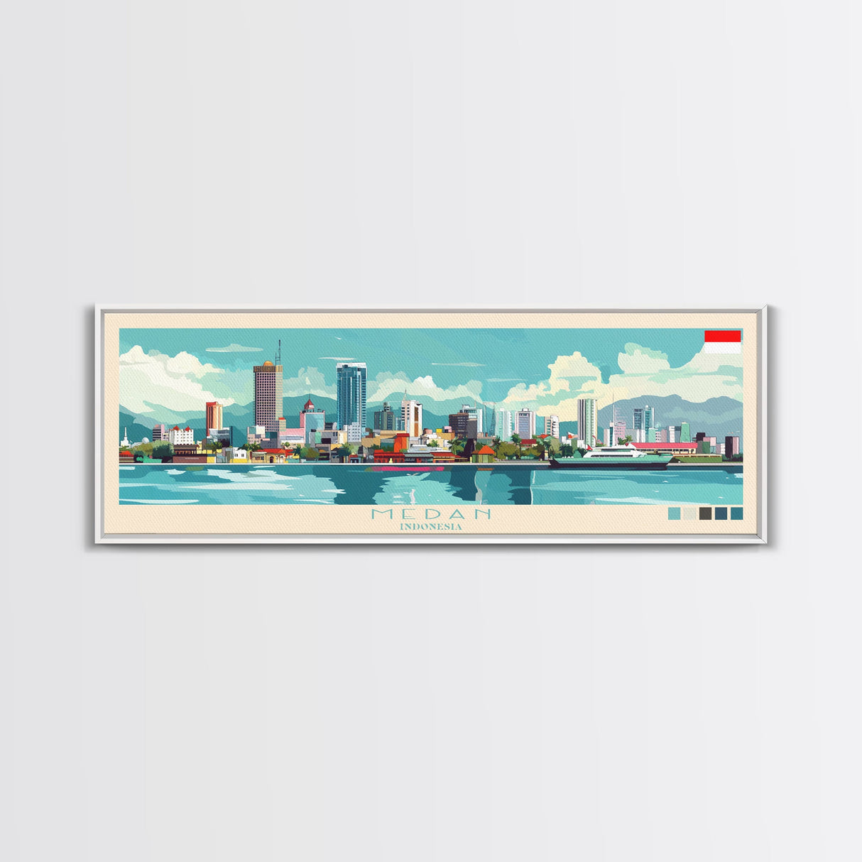 Medan, Indonesia Panoramic Travel Poster Canvas Print, Medan, Indonesia Painting, Indonesia Art, Medan Panoramic Travel Art, Travel Painting