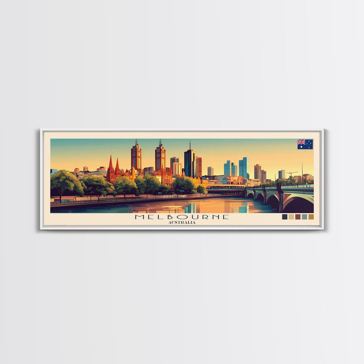 Melbourne, Australia Panoramic Travel Poster Canvas Print, Melbourne, Australia Painting, Australia Art, Melbourne Travel Art, Living Room Painting