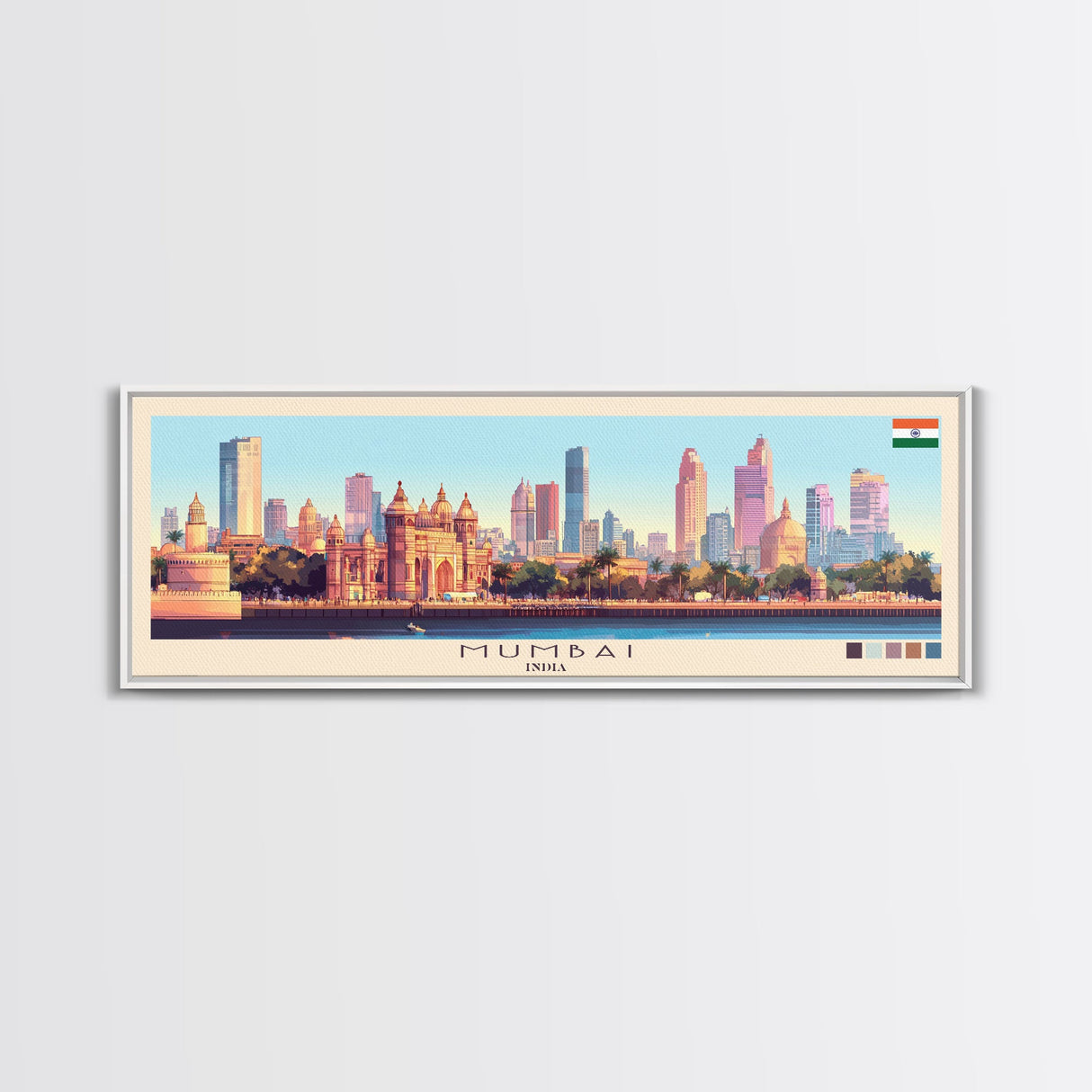 Mumbai, India Panoramic Travel Poster Canvas Print, Mumbai, India Painting, India Art, Mumbai Travel Art, Guest Room Painting