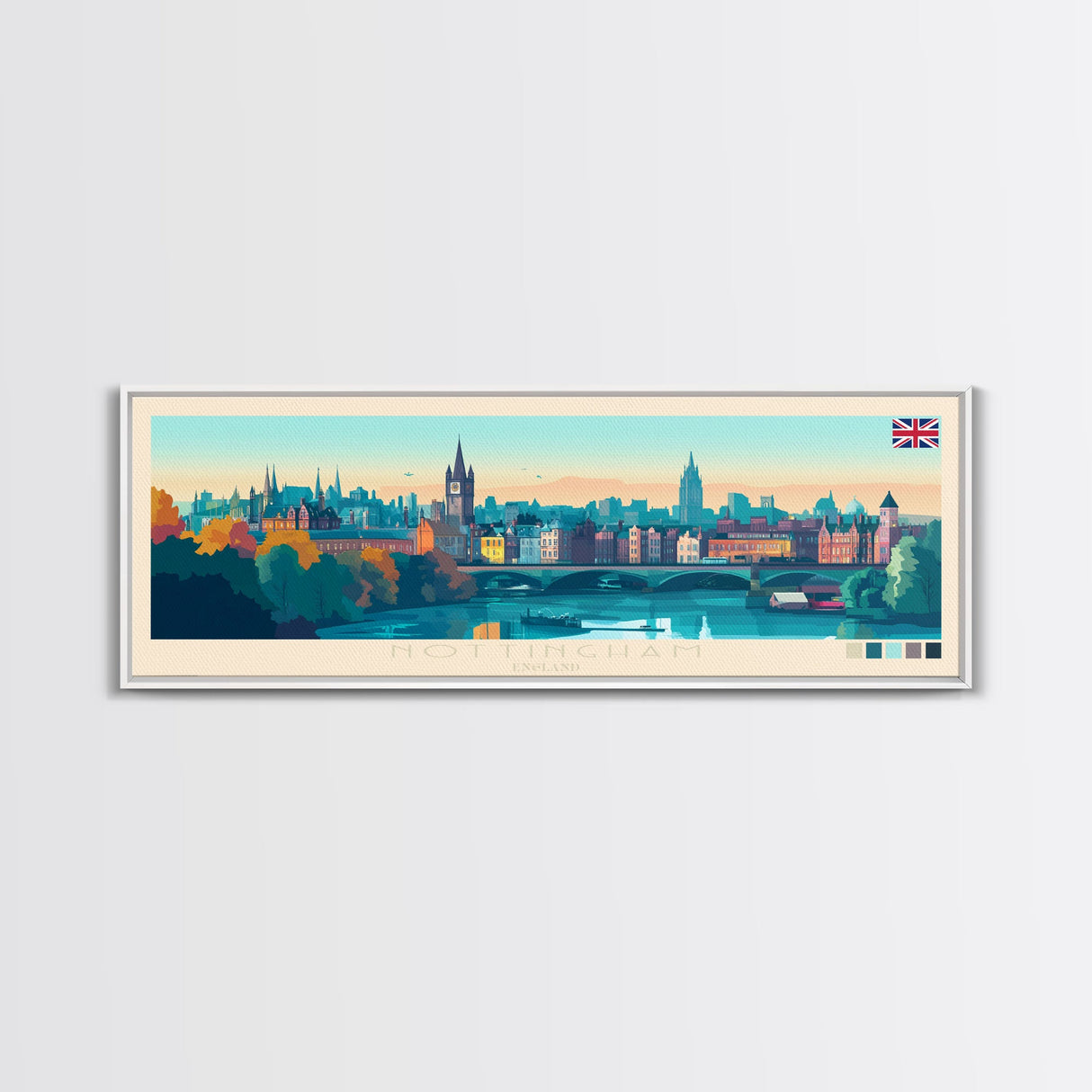 Nottingham, England Panoramic Travel Poster Canvas Print, Nottingham, England Painting, England Art, Nottingham Panoramic Travel Art, Travel Painting