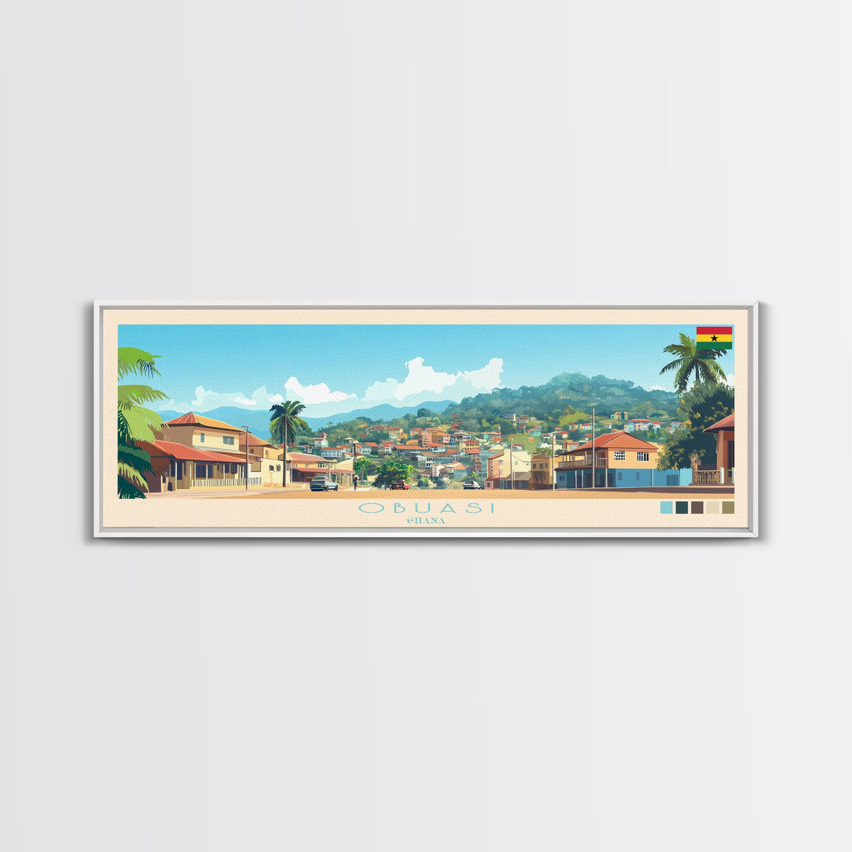 Obuasi, Ghana Panoramic Travel Poster Canvas Print, Obuasi, Ghana Painting, Ghana Art, Obuasi Panoramic Travel Art, Travel Painting