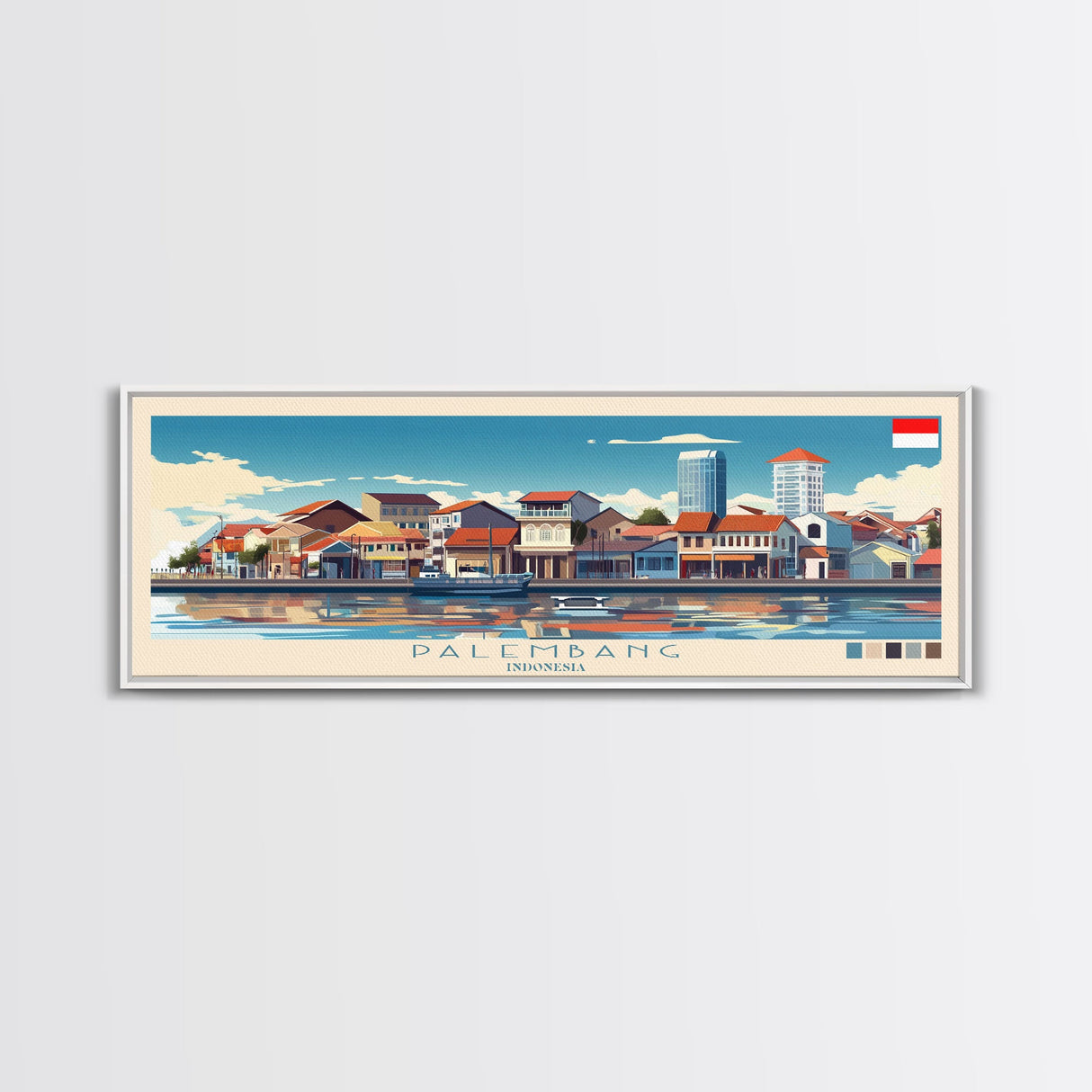 Palembang, Indonesia Panoramic Travel Poster Canvas Print, Palembang, Indonesia Painting, Indonesia Art, Palembang Travel Art, Guest Room Painting