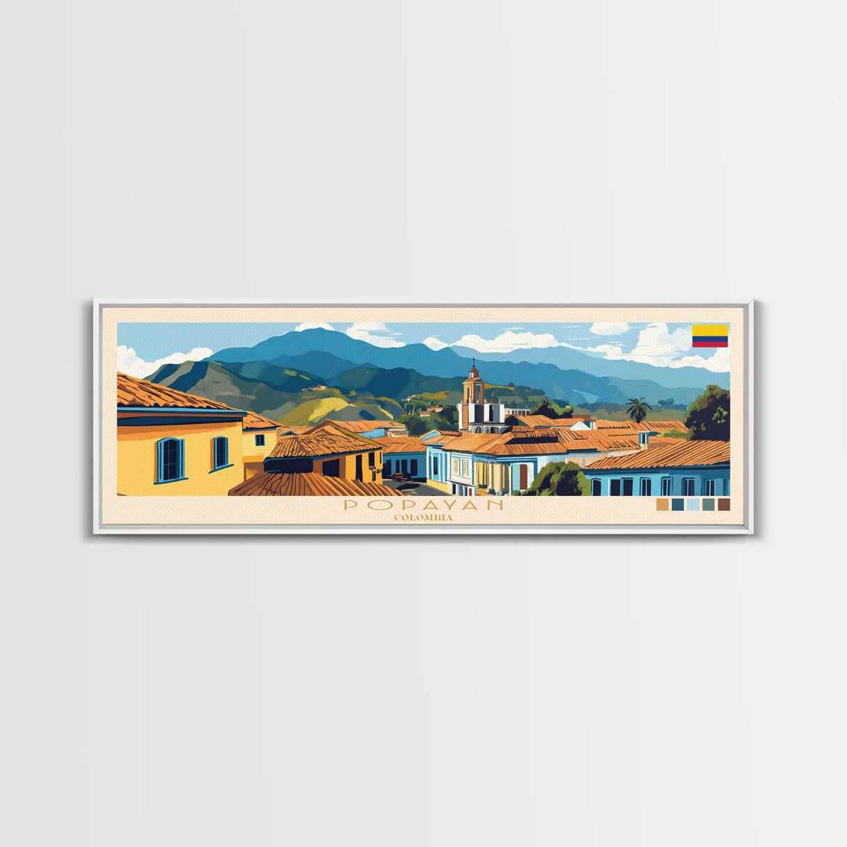 Popayan, Colombia Panoramic Travel Poster Canvas Print, Popayan, Colombia Painting, Colombia Art, Popayan Panoramic Travel Art, Travel Painting