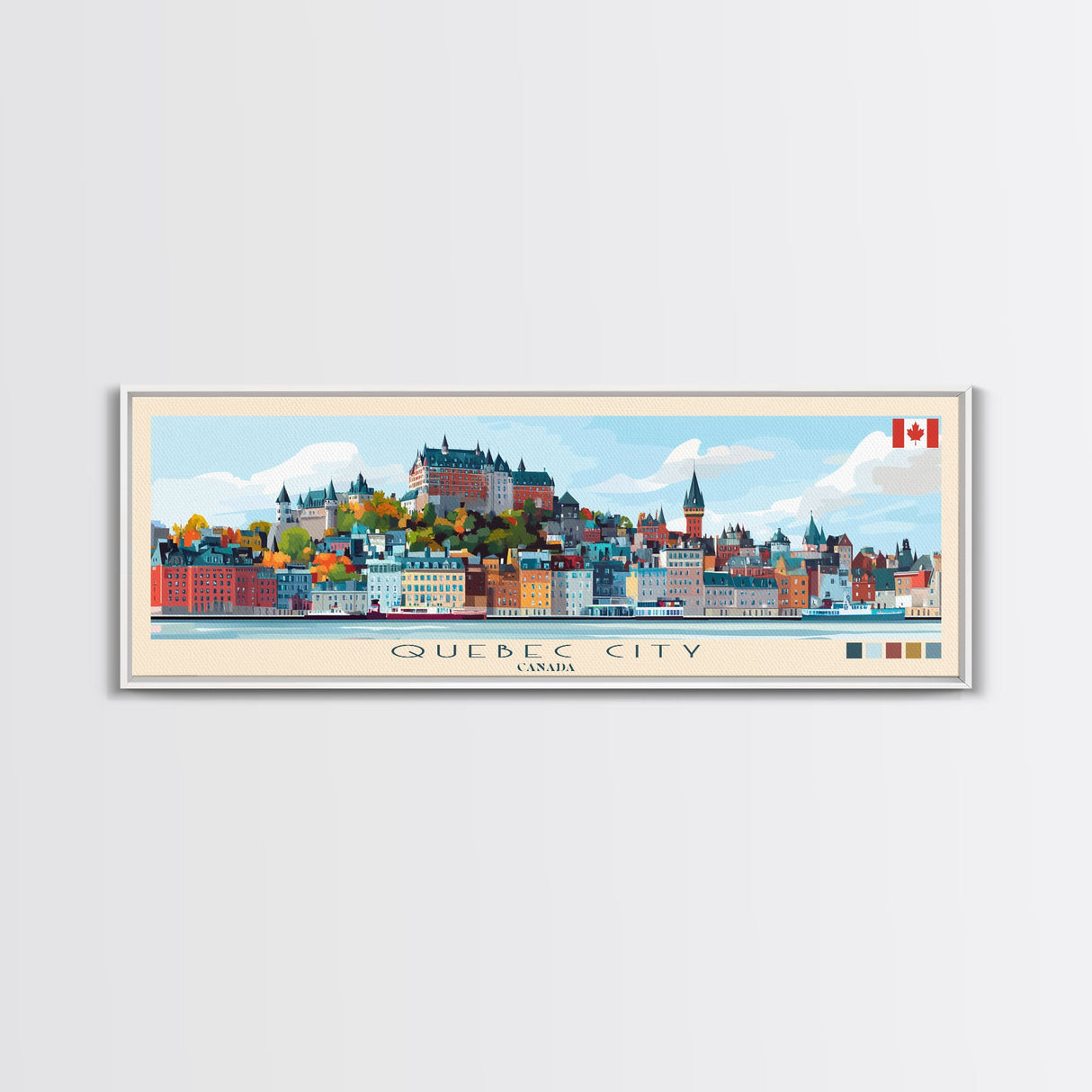 Quebec City, Canada Panoramic Travel Poster Canvas Print, Quebec City, Canada Painting, Canada Art, Quebec City Travel Art, Guest Room Painting