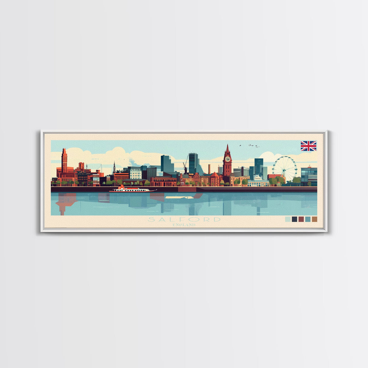 Salford, England Panoramic Travel Poster Canvas Print, Salford, England Painting, England Art, Salford Travel Art, Guest Room Painting