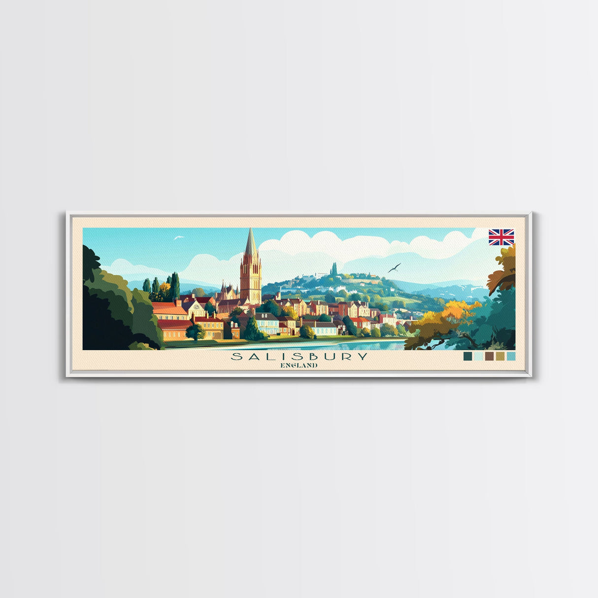 Panoramic Travel Poster Salisbury, England Canvas Print, Salisbury, England Painting, England Art, Salisbury Travel Art, Guest Room Painting