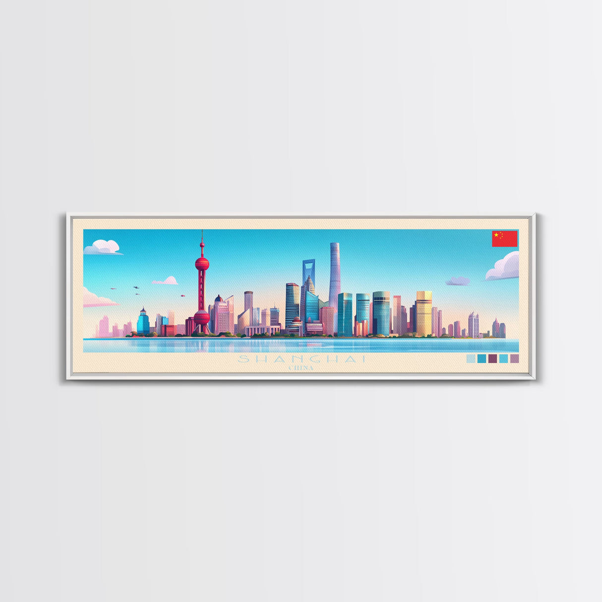 Shanghai, China Travel Poster Panoramic Canvas Print, Shanghai, China Painting, China Art, Shanghai Travel Art, Guest Room Painting