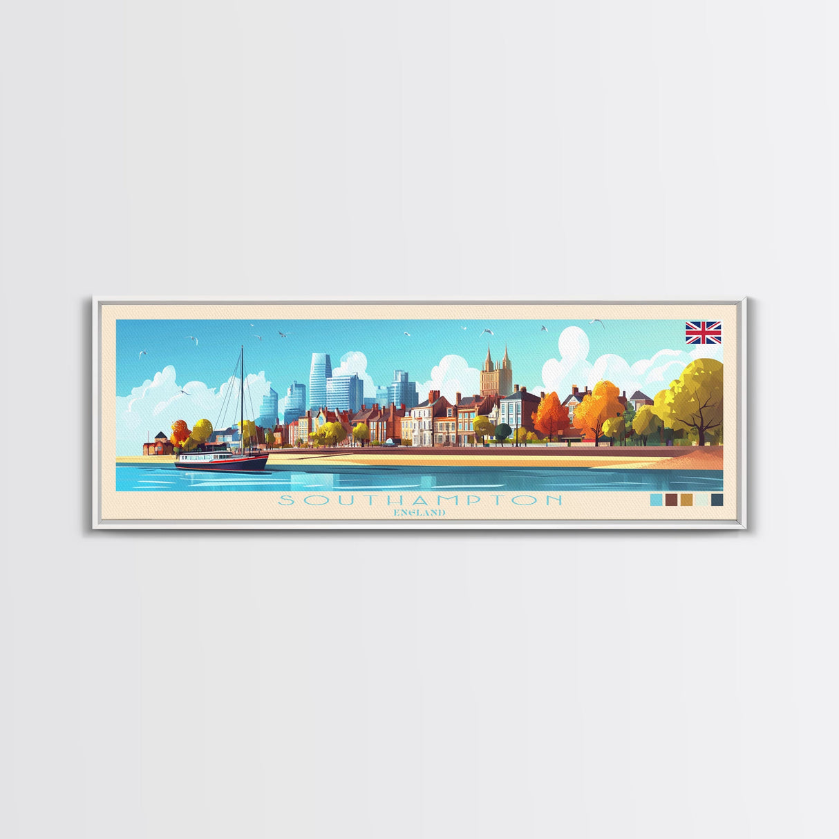 Panoramic Travel Poster Southampton, England Canvas Print, Southampton, England Painting, England Art, Southampton Travel Art, Guest Room Painting