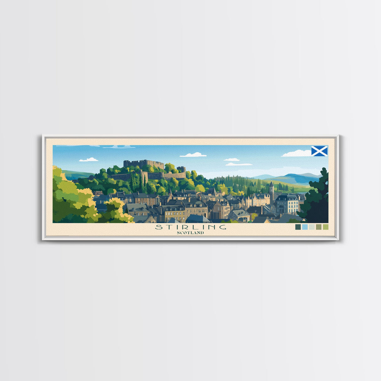 Stirling, Scotland Panoramic Travel Poster Canvas Print, Stirling, Scotland Painting, Scotland Art, Stirling Panoramic Travel Art, Travel Painting