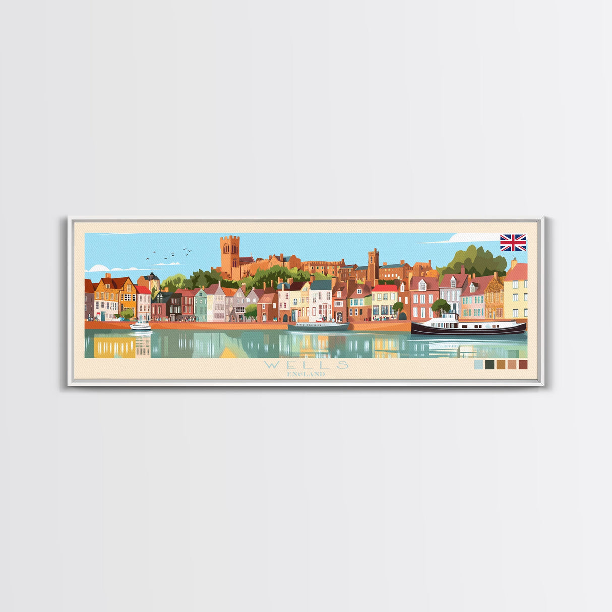 Wells, England Panoramic Travel Poster Canvas Print, Wells, England Painting, England Art, Wells Travel Art, Guest Room Painting