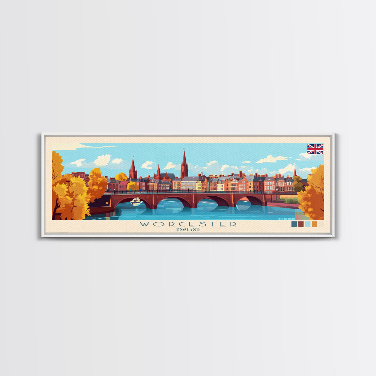 Worcester, England Panoramic Travel Poster Canvas Print, Worcester, England Painting, England Art, Worcester Travel Art, Guest Room Painting