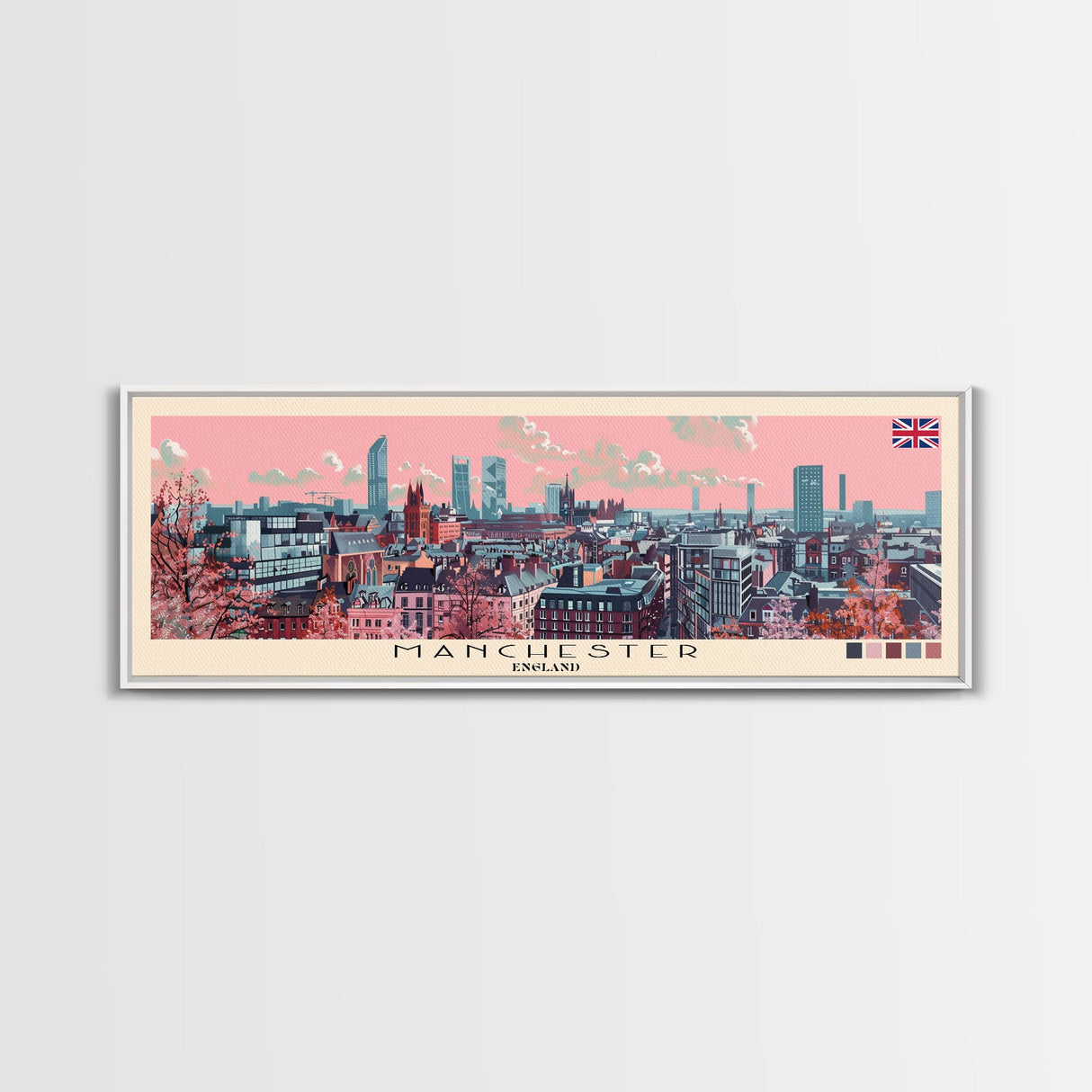 Manchester, England Panoramic Canvas Print, Manchester, England Painting, England Art, Manchester Travel Poster, Travel Art, Vacation Gift