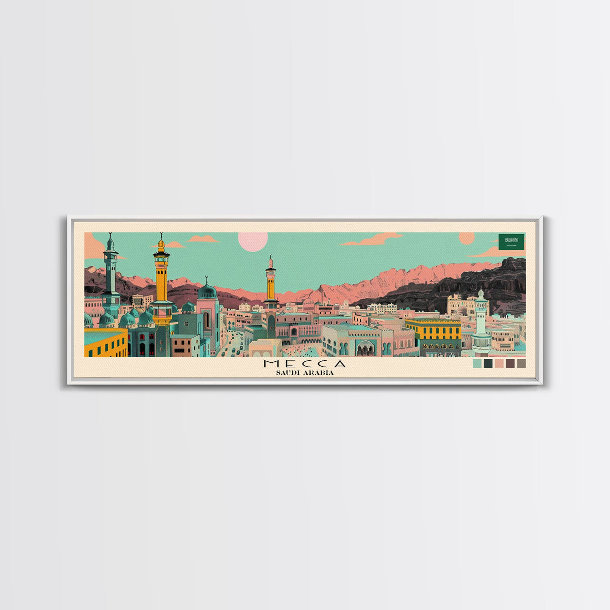 Mecca, Saudi Arabia Panoramic Canvas Print, Mecca, Saudi Arabia Painting, Saudi Arabia Art, Mecca Travel Poster, Travel Art, Guest Room Painting