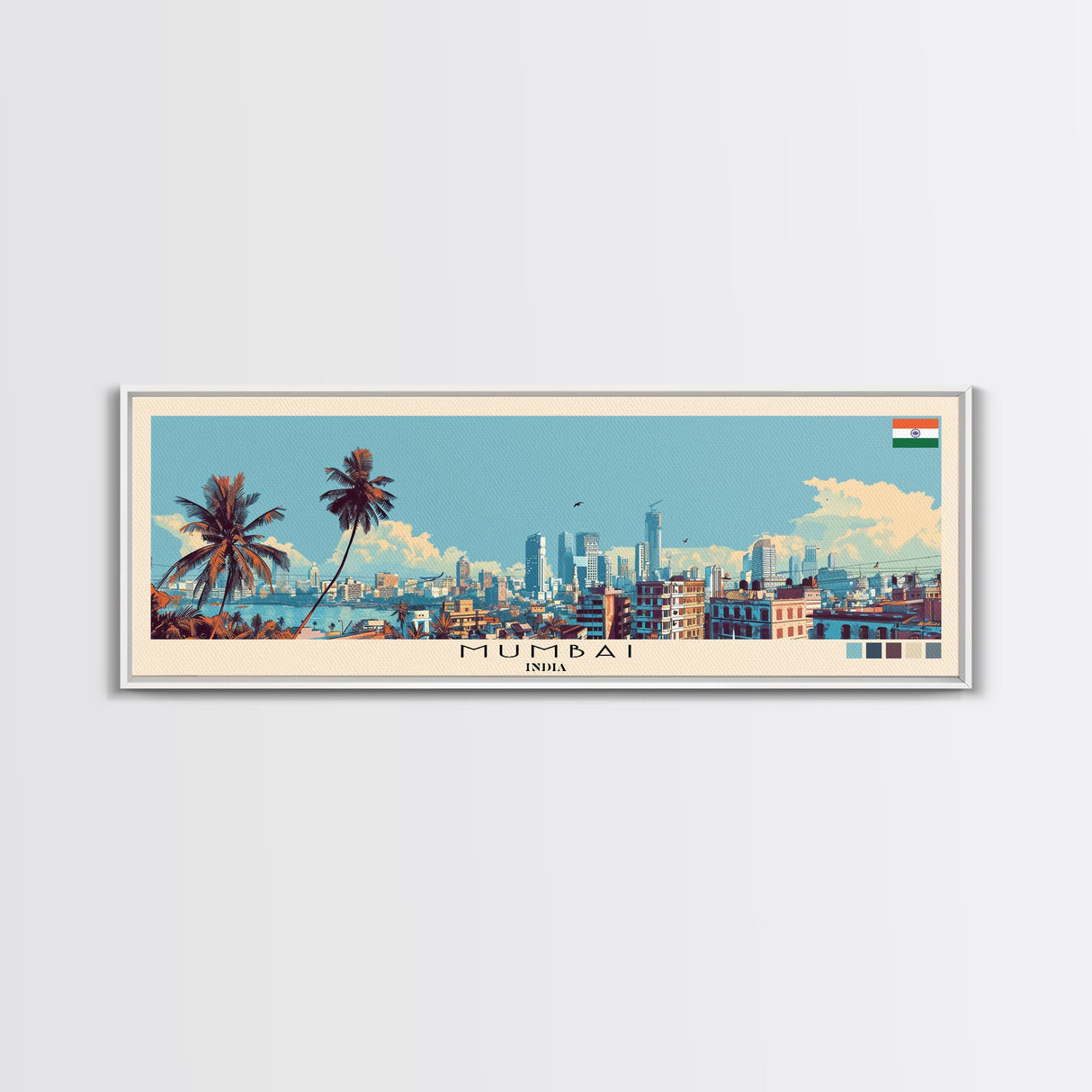 Mumbai, India Panoramic Canvas Print, Mumbai, India Painting, India Art, Mumbai Travel Poster, Travel Art, Guest Room Painting