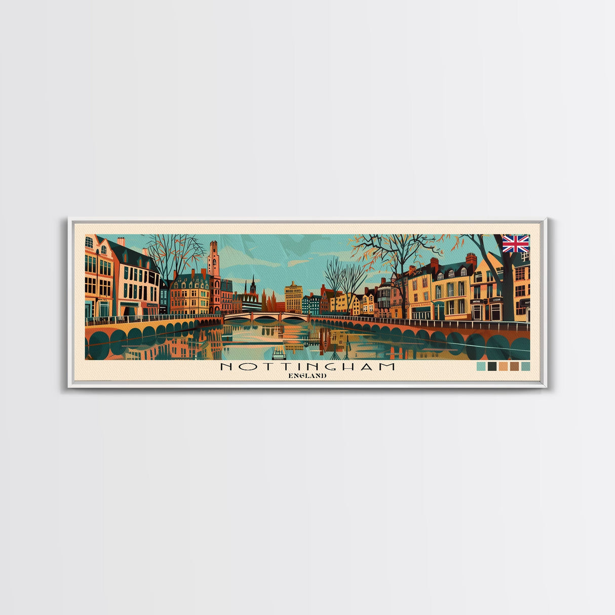 Nottingham, England Panoramic Canvas Print, Nottingham, England Painting, England Art, Nottingham Travel Poster, Travel Art, Living Room Painting