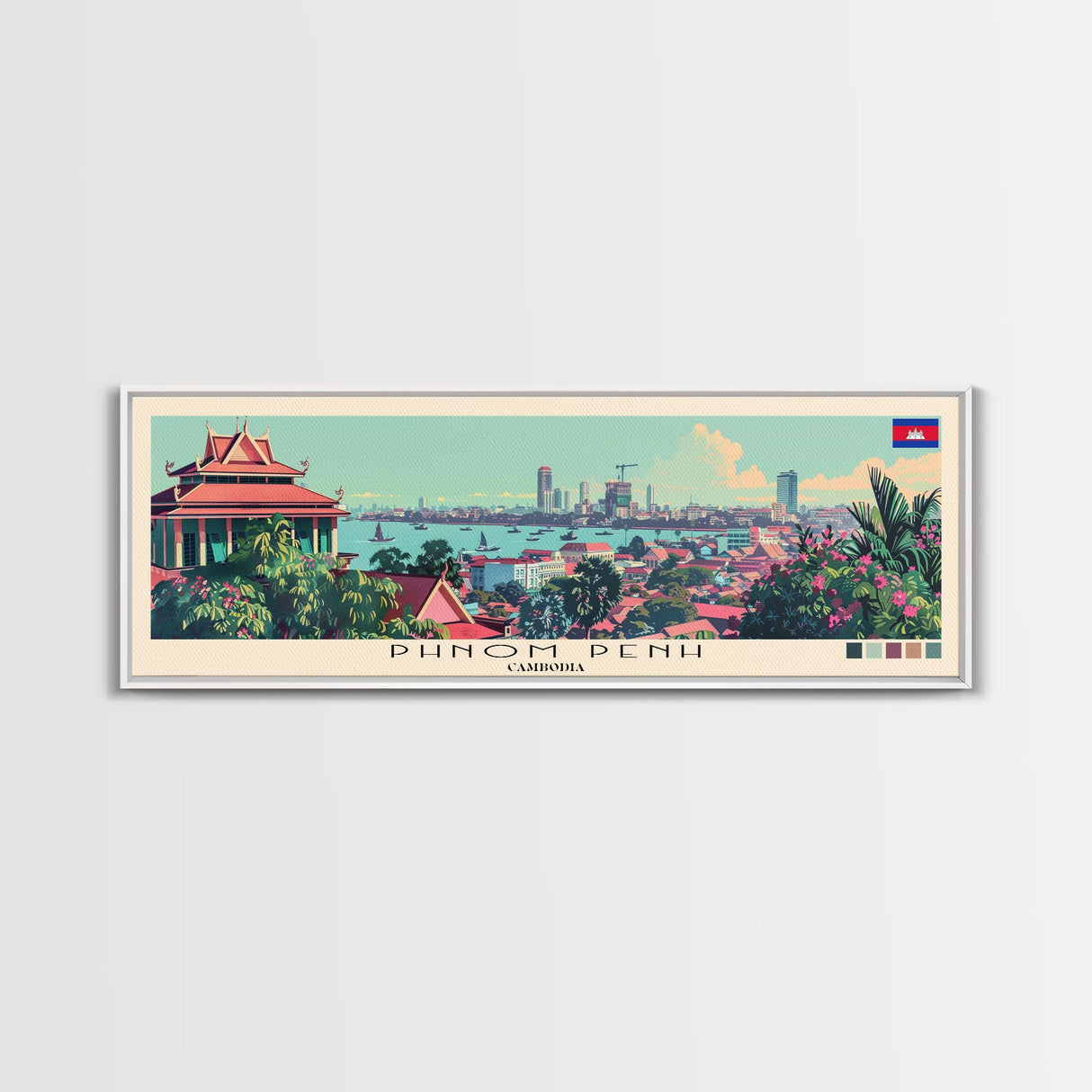 Phnom Penh, Cambodia Panoramic Canvas Print, Phnom Penh, Cambodia Painting, Cambodia Art, Phnom Penh Travel Poster, Travel Art, Guest Room Painting